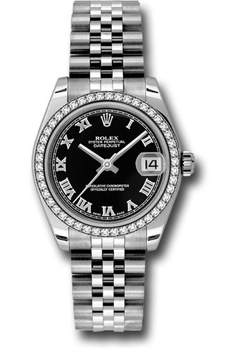 Rolex Steel and White Gold Datejust 31 Watch - 46 Diamond Bezel - Black Roman Dial - Jubilee Bracelet