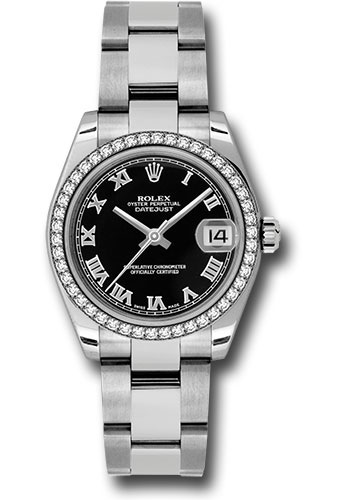 Rolex Steel and White Gold Datejust 31 Watch - 46 Diamond Bezel - Black Roman Dial - Oyster Bracelet