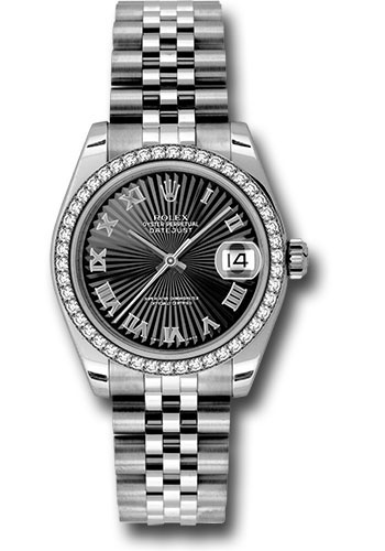 Rolex Steel and White Gold Datejust 31 Watch - 46 Diamond Bezel - Black Sunbeam Roman Dial - Jubilee Bracelet