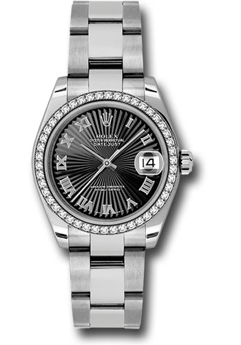 Rolex Steel and White Gold Datejust 31 Watch - 46 Diamond Bezel - Black Sunbeam Roman Dial - Oyster Bracelet