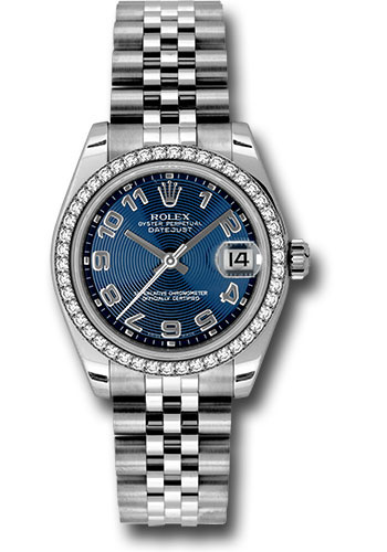Rolex Steel and White Gold Datejust 31 Watch - 46 Diamond Bezel - Blue Concentric Circle Arabic Dial - Jubilee Bracelet