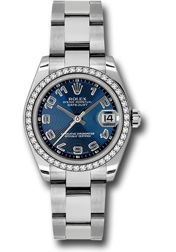 Rolex Steel and White Gold Datejust 31 Watch - 46 Diamond Bezel - Blue Concentric Circle Arabic Dial - Oyster Bracelet