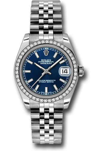 Rolex Steel and White Gold Datejust 31 Watch - 46 Diamond Bezel - Blue Index Dial - Jubilee Bracelet