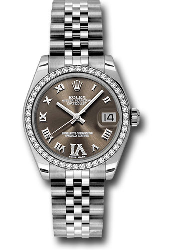 Rolex Steel and White Gold Datejust 31 Watch - 46 Diamond Bezel - Bronze Diamond Roman Vi Roman Dial - Jubilee Bracelet