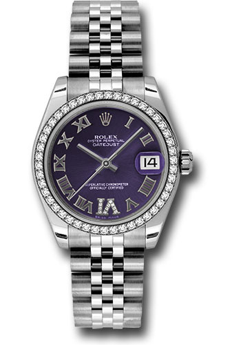 Rolex Steel and White Gold Datejust 31 Watch - 46 Diamond Bezel - Purple Diamond Roman Vi Roman Dial - Jubilee Bracelet
