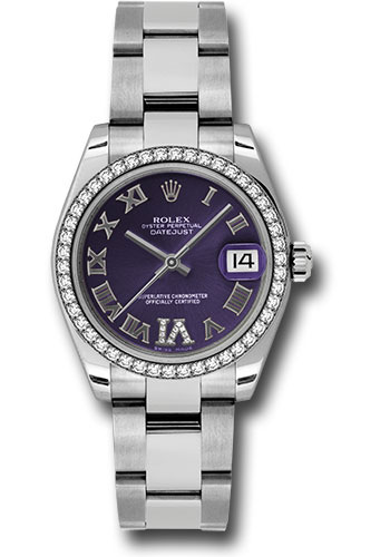Rolex Steel and White Gold Datejust 31 Watch - 46 Diamond Bezel - Purple Diamond Roman Vi Roman Dial - Oyster Bracelet