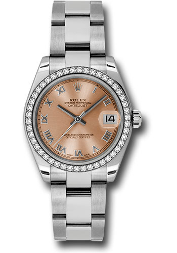 Rolex Steel and White Gold Datejust 31 Watch - 46 Diamond Bezel - Pink Roman Dial - Oyster Bracelet