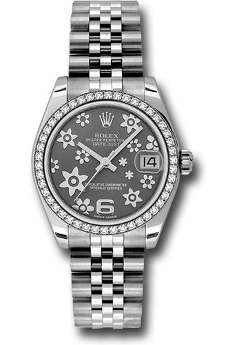 Rolex Steel and White Gold Datejust 31 Watch - 46 Diamond Bezel - Dark Rhodium Floral Motif Arabic 6 Dial - Jubilee Bracelet
