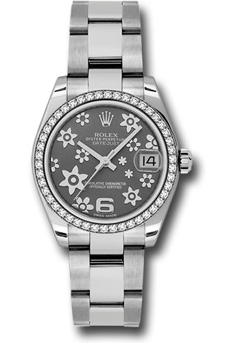 Rolex Steel and White Gold Datejust 31 Watch - 46 Diamond Bezel - Dark Rhodium Floral Motif Arabic 6 Dial - Oyster Bracelet