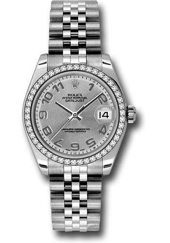 Rolex Steel and White Gold Datejust 31 Watch - 46 Diamond Bezel - Silver Concentric Circle Arabic Dial - Jubilee Bracelet