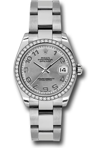 Rolex Steel and White Gold Datejust 31 Watch - 46 Diamond Bezel - Silver Concentric Circle Arabic Dial - Oyster Bracelet