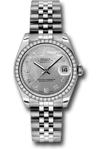Rolex Steel and White Gold Datejust 31 Watch - 46 Diamond Bezel - White Goldust Mother-Of-Pearl Arabic Dial - Jubilee Bracelet