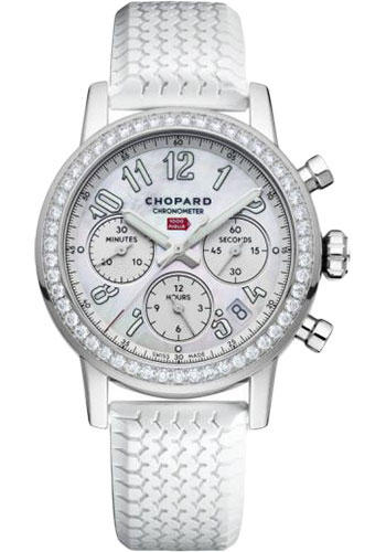 Chopard Mille Miglia Classic Chronograph Watch - 39.00 mm Steel Diamond Case - Mother-of-Pearl Dial - White Strap