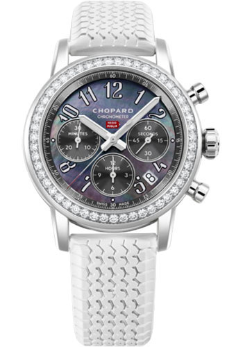 Chopard Mille Miglia Classic Chronograph Watch - 39.00 mm Steel Diamond Case - Diamond-Set Bezel - Tahitian Gray Mother-Of-Pearl Dial - White Strap
