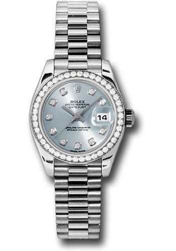 Rolex Platinum Lady-Datejust 26 Watch - 42 Diamond Bezel - Ice Blue Diamond Dial - President Bracelet