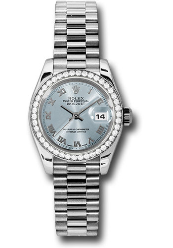Rolex Platinum Lady-Datejust 26 Watch - 42 Diamond Bezel - Ice Blue Roman Dial - President Bracelet