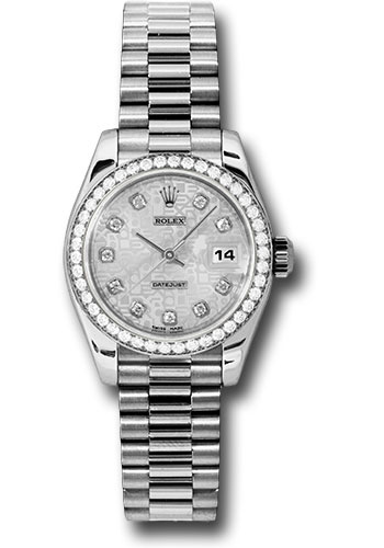 Rolex Platinum Lady-Datejust 26 Watch - 42 Diamond Bezel - Silver Jubilee Diamond Dial - President Bracelet