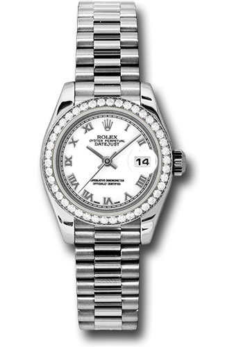 Rolex Platinum Lady-Datejust 26 Watch - 42 Diamond Bezel - White Roman Dial - President Bracelet