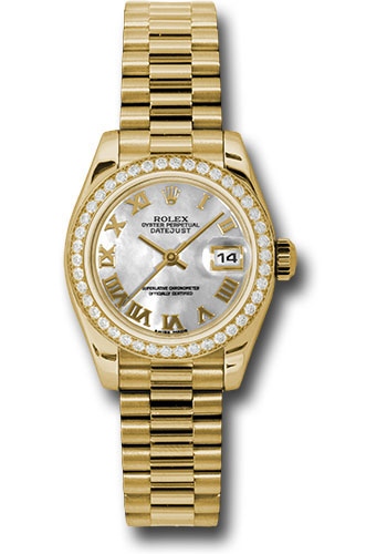 Rolex Yellow Gold Lady-Datejust 26 Watch - 42 Diamond Bezel - Mother-Of-Pearl Roman Dial - President Bracelet