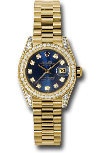 Rolex Yellow Gold Lady-Datejust 26 Watch - 42 Diamond Bezel - Blue Diamond Dial - President Bracelet