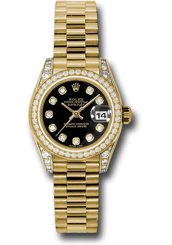 Rolex Yellow Gold Lady-Datejust 26 Watch - 42 Diamond Bezel - Black Diamond Dial - President Bracelet