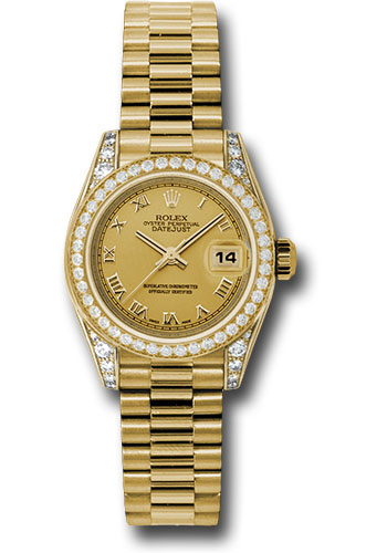 Rolex Yellow Gold Lady-Datejust 26 Watch - 42 Diamond Bezel - Champagne Roman Dial - President Bracelet