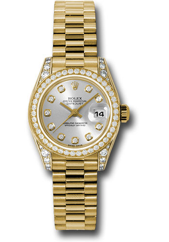 Rolex Yellow Gold Lady-Datejust 26 Watch - 42 Diamond Bezel - Silver Diamond Dial - President Bracelet