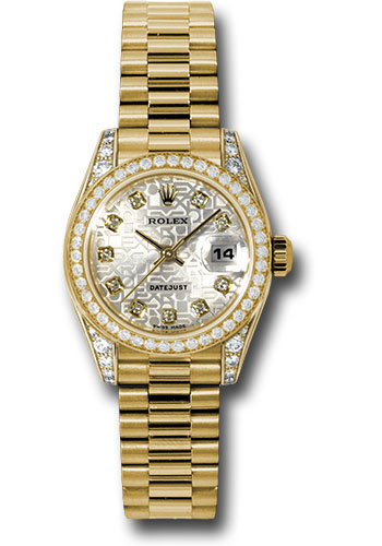 Rolex Yellow Gold Lady-Datejust 26 Watch - 42 Diamond Bezel - Silver Jubilee Diamond Dial - President Bracelet