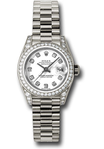 Rolex White Gold Lady-Datejust 26 Watch - 42 Diamond Bezel - White Diamond Dial - President Bracelet
