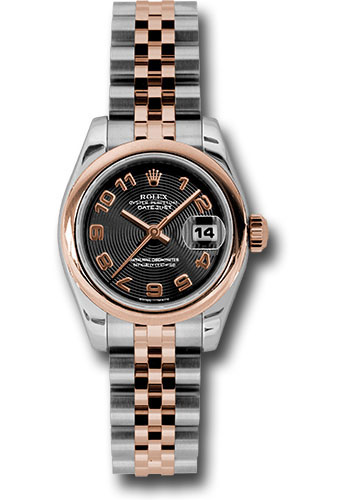 Rolex Steel and Everose Gold Rolesor Lady Datejust 26 Watch - Domed Bezel - Black Concentric Circle Arabic Dial - Jubilee Bracelet