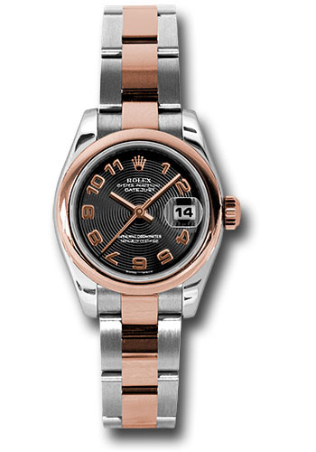 Rolex Steel and Everose Gold Rolesor Lady Datejust 26 Watch - Domed Bezel - Black Concentric Circle Arabic Dial - Oyster Bracelet