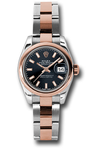 Rolex Steel and Everose Gold Rolesor Lady Datejust 26 Watch - Domed Bezel - Black Index Dial - Oyster Bracelet