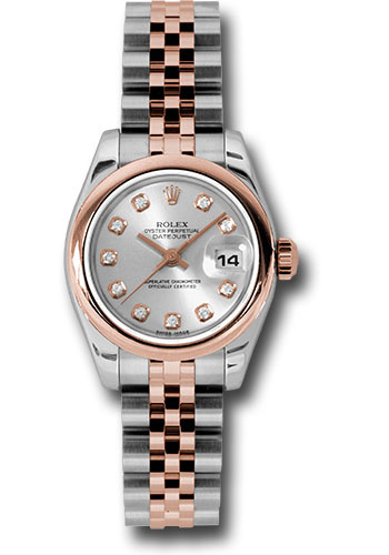 Rolex Steel and Everose Gold Rolesor Lady Datejust 26 Watch - Domed Bezel - Silver Diamond Dial - Jubilee Bracelet