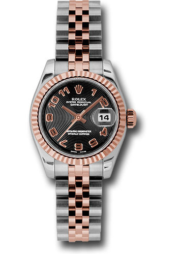Rolex Steel and Everose Gold Rolesor Lady Datejust 26 Watch - Fluted Bezel - Black Concentric Circle Arabic Dial - Jubilee Bracelet