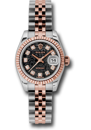 Rolex Steel and Everose Gold Rolesor Lady Datejust 26 Watch - Fluted Bezel - Black Jubilee Diamond Dial - Jubilee Bracelet