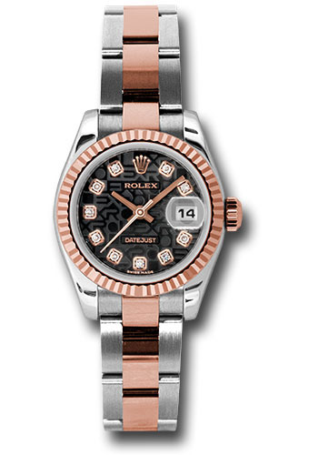 Rolex Steel and Everose Gold Rolesor Lady Datejust 26 Watch - Fluted Bezel - Black Jubilee Diamond Dial - Oyster Bracelet