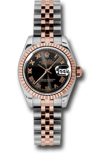 Rolex Steel and Everose Gold Rolesor Lady Datejust 26 Watch - Fluted Bezel - Black Roman Dial - Jubilee Bracelet
