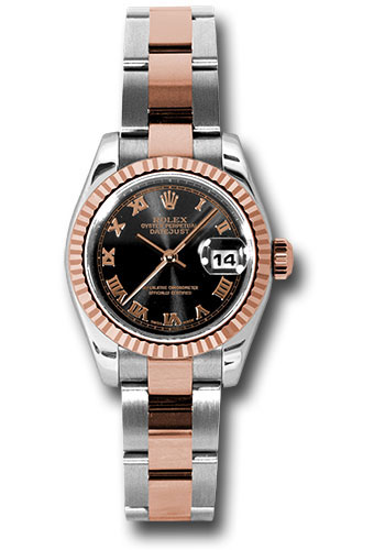 Rolex Steel and Everose Gold Rolesor Lady Datejust 26 Watch - Fluted Bezel - Black Roman Dial - Oyster Bracelet