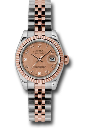 Rolex Steel and Everose Gold Rolesor Lady Datejust 26 Watch - Fluted Bezel - Pink Goldust Mother-Of-Pearl Arabic Dial - Jubilee Bracelet