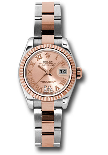 Rolex Steel and Everose Gold Rolesor Lady Datejust 26 Watch - Fluted Bezel - Pink Champagne Diamond Roman Vi Roman Dial - Oyster Bracelet