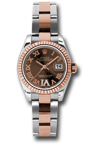 Rolex Steel and Everose Gold Rolesor Lady Datejust 26 Watch - Fluted Bezel - Chocolate Diamond Roman Vi Roman Dial - Oyster Bracelet