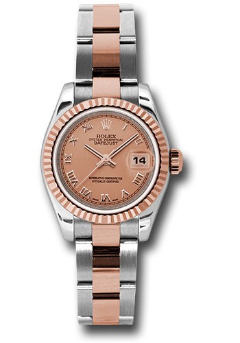 Rolex Steel and Everose Gold Rolesor Lady Datejust 26 Watch - Fluted Bezel - Pink Champagne Roman Dial - Oyster Bracelet