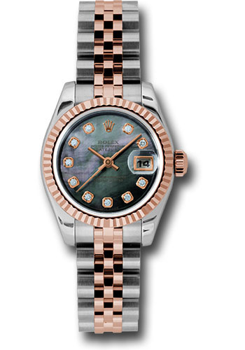 Rolex Steel and Everose Gold Rolesor Lady Datejust 26 Watch - Fluted Bezel - Dark Mother-Of-Pearl Diamond Dial - Jubilee Bracelet