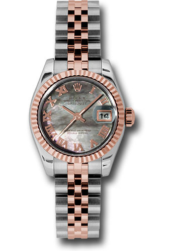 Rolex Steel and Everose Gold Rolesor Lady Datejust 26 Watch - Fluted Bezel - Dark Mother-Of-Pearl Roman Dial - Jubilee Bracelet