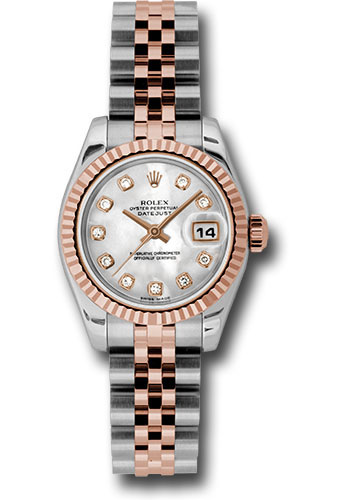 Rolex Steel and Everose Gold Rolesor Lady Datejust 26 Watch - Fluted Bezel - Mother-Of-Pearl Diamond Dial - Jubilee Bracelet