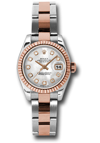 Rolex Steel and Everose Gold Rolesor Lady Datejust 26 Watch - Fluted Bezel - Mother-Of-Pearl Diamond Dial - Oyster Bracelet