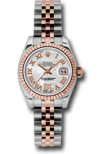 Rolex Steel and Everose Gold Rolesor Lady Datejust 26 Watch - Fluted Bezel - Mother-Of-Pearl Diamond Roman Vi Roman Dial - Jubilee Bracelet