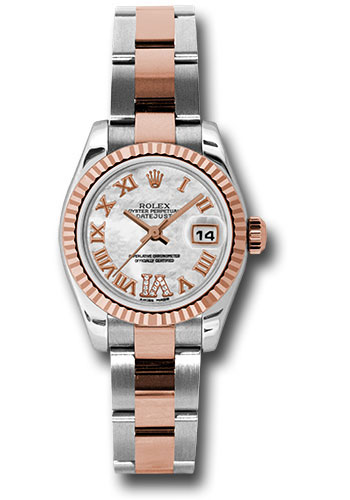 Rolex Steel and Everose Gold Rolesor Lady Datejust 26 Watch - Fluted Bezel - Mother-Of-Pearl Diamond Roman Vi Roman Dial - Oyster Bracelet