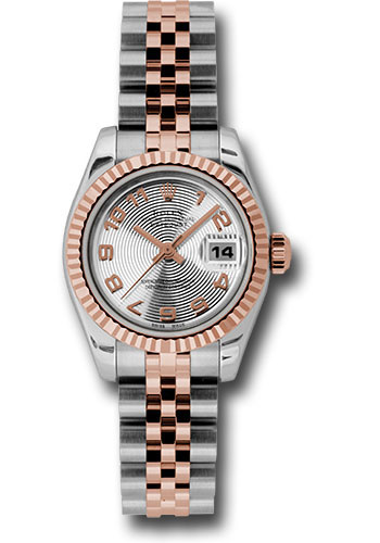 Rolex Steel and Everose Gold Rolesor Lady Datejust 26 Watch - Fluted Bezel - Silver Concentric Circle Arabic Dial - Jubilee Bracelet