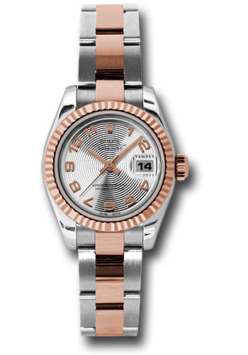 Rolex Steel and Everose Gold Rolesor Lady Datejust 26 Watch - Fluted Bezel - Silver Concentric Circle Arabic Dial - Oyster Bracelet